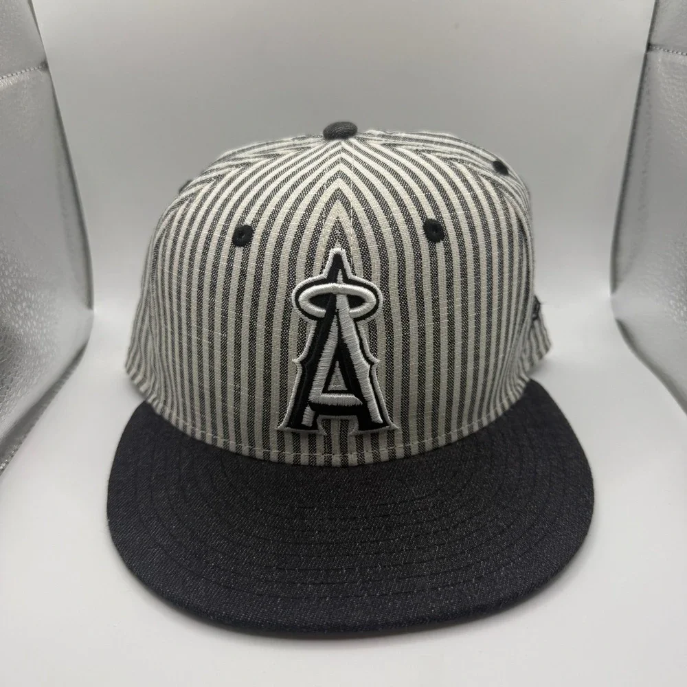 New Era 59FIFTY Los Angeles Angels‎ Fitted Hat 7 5/8 Pinstripe Linen Cotton Cap